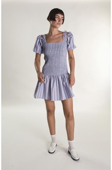 Blue Check Stripe Mini Dress with Bow Sleeves