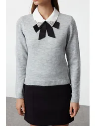 Gray Soft Textured Garnished Ribbon/Bow Detailed Stone Knitted Sweater - 2
