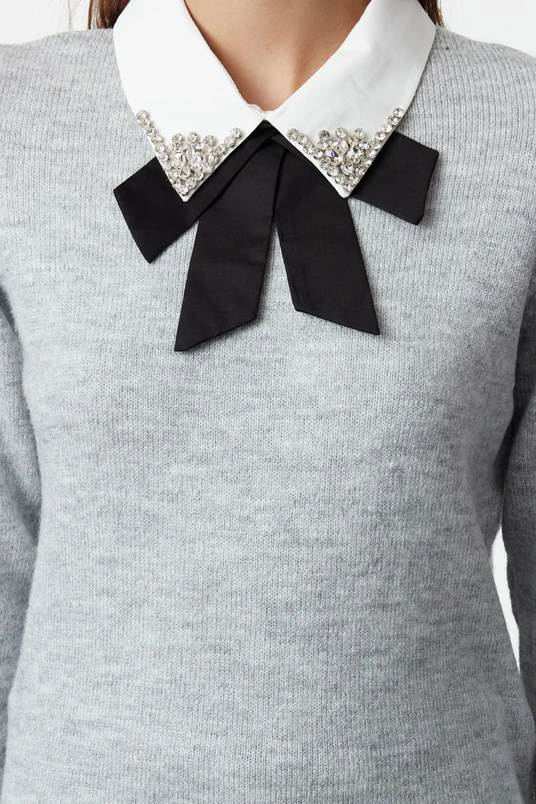 Gray Soft Textured Garnished Ribbon/Bow Detailed Stone Knitted Sweater - 3