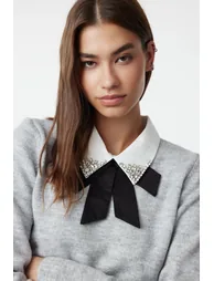 Gray Soft Textured Garnished Ribbon/Bow Detailed Stone Knitted Sweater - 4