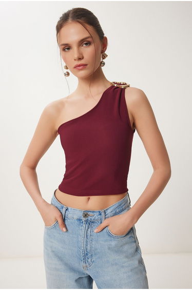 Women's Burgundy One Shoulder Buckle Ribbed Crop Blouse