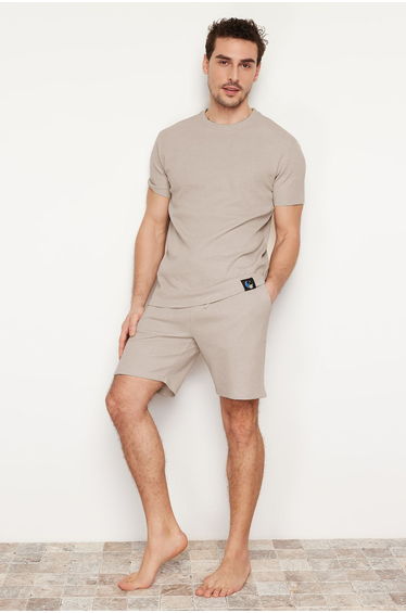 Men's Beige Regular Fit Waffle Knitted Pajama Set