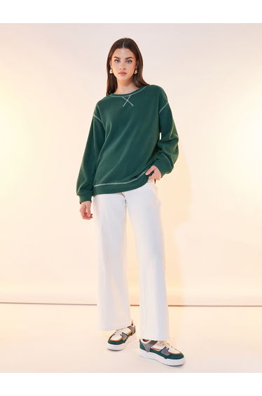 Oversized Slogan Sweatshirt with Overlock Seam Detail
