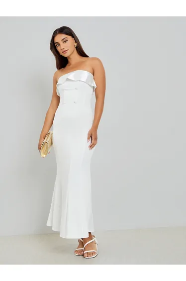 Women White Bandeau Maxi Evening Dress