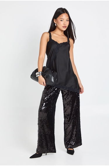 Petite Low Rise Drawcord Waistband Sequin Trouser - black