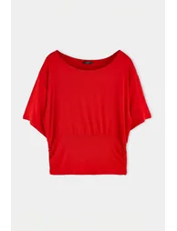 Red Plain Boat Neck Knitted Plus Size Blouse - 4