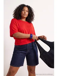 Red Plain Boat Neck Knitted Plus Size Blouse - 1