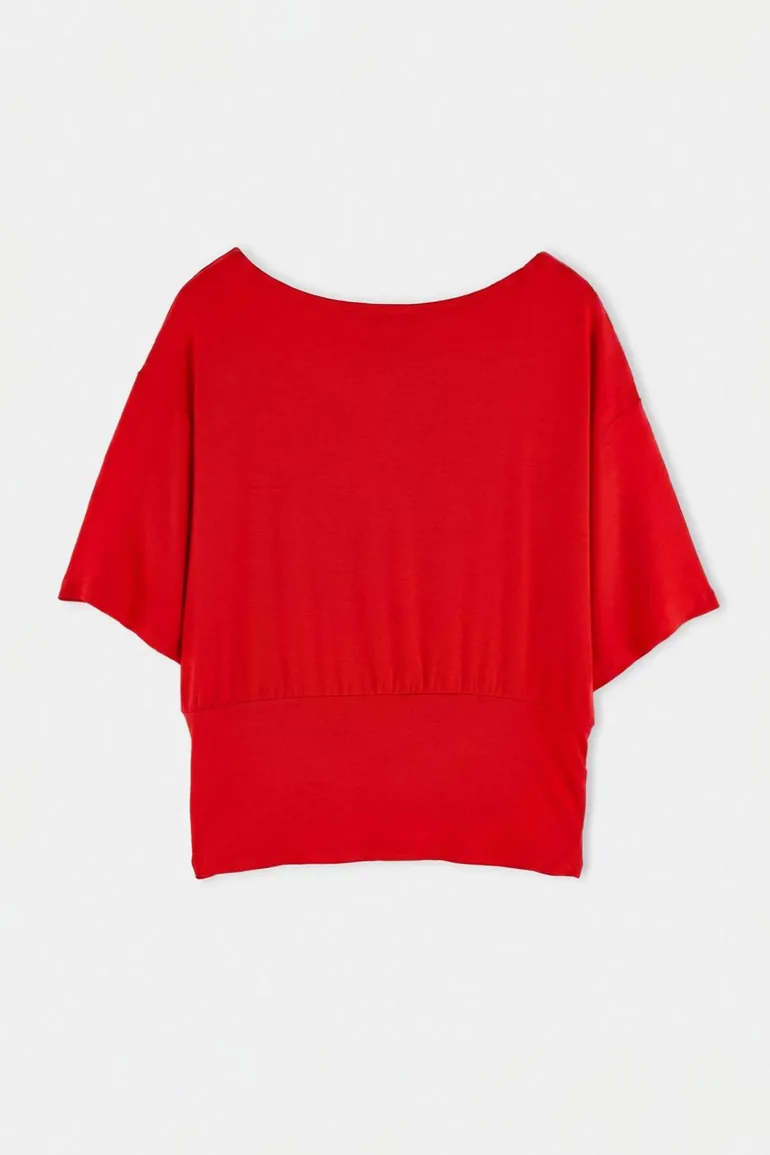 Red Plain Boat Neck Knitted Plus Size Blouse - 6