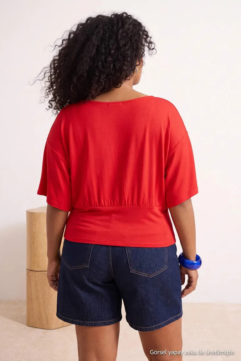 Red Plain Boat Neck Knitted Plus Size Blouse - 2