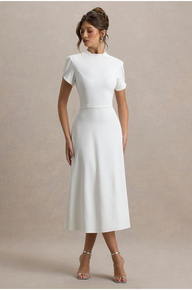 Vicky | White High Neck Midi Dress With Puff Sleeves
