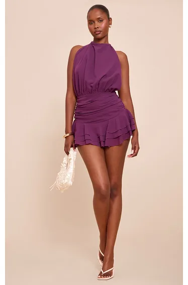 Purple Chiffon High Neck Frill Playsuit