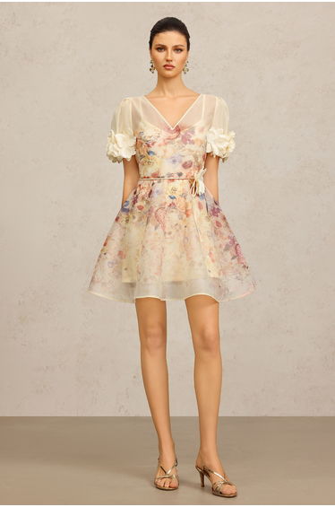 Xezey V-Neck Short Sleeves Flowers Printed Mini Dress