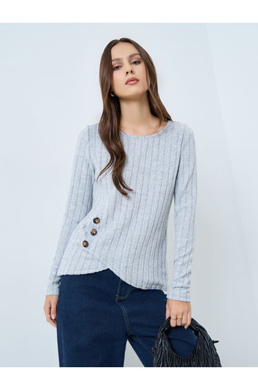 Grey Ribbed Button Side Detail Top