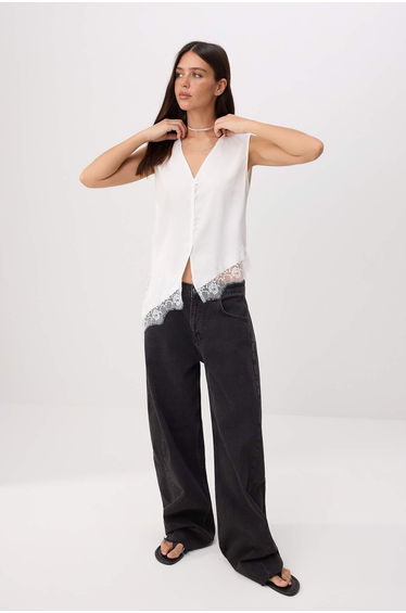 Ecru Lace Detailed Satin Blouse