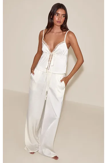 Cream Satin Lace Detail Tie Front Cami PJ Set