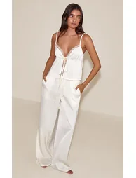 Cream Satin Lace Detail Tie Front Cami PJ Set