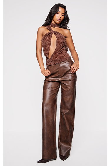 Brown Velvet Lace Highneck Cut Out Long Top