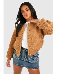 Teddy Faux Fur Bomber Jacket - camel - 2