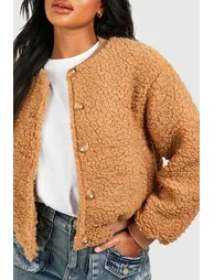 Teddy Faux Fur Bomber Jacket - camel - 3