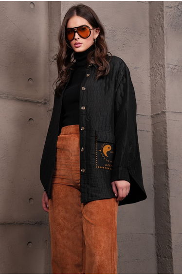 Women's Black Pocket Detailed Quilted Shirt Jacket