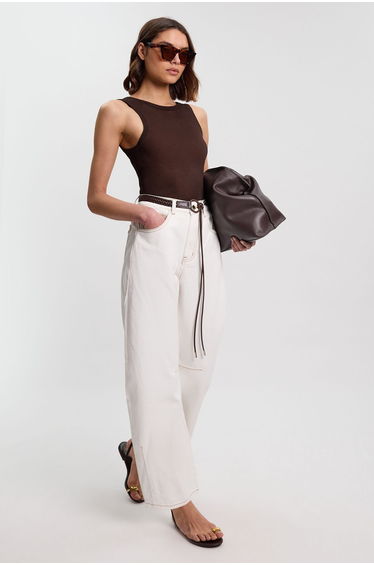 Denim Belted Barrel Leg Jean