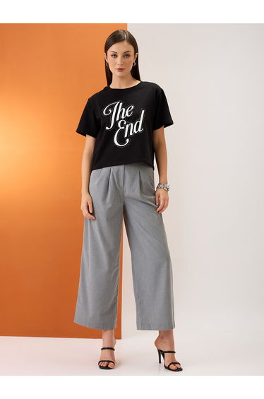 Black Slogan Print Embellished Crop T-Shirt