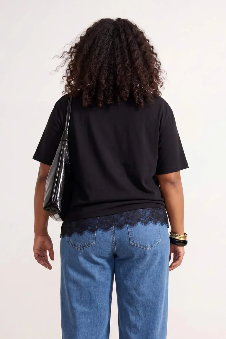 Black Hem Lace Detailed Slit Knitted Large Size T-Shirt - 3