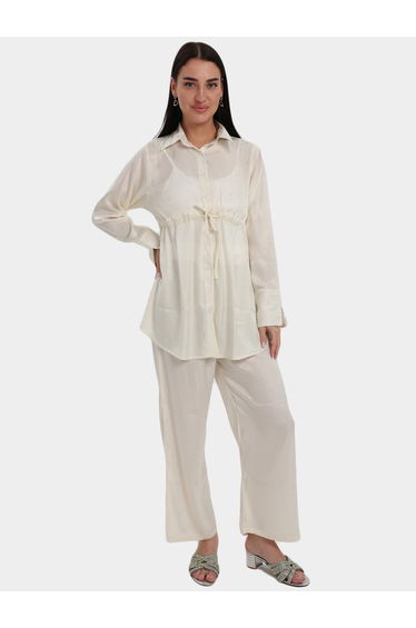 Cream Waist Drawstring Shirt and Pants Trousers Set