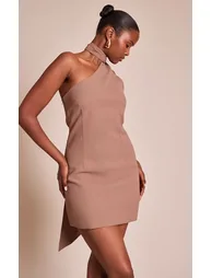 Mocha Woven Asymmetric Scarf Detail Mini Dress - 5