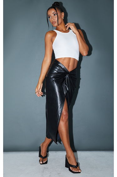 Black Faux Leather Twist Detail Front Midi Skirt