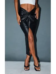 Black Faux Leather Twist Detail Front Midi Skirt - 1