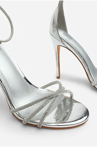 Rose Stiletto High Heels With Rhinestone Strap in Silver Chrome
