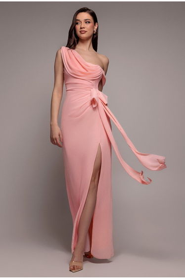 One Shoulder Cowl With Bow Detail Maxi Dress - Blush Pink by Goddiva