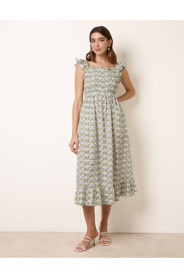 Floral & Frill Shirred Bodice Midi Dress
