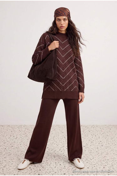 Brown Glittery Knitwear Sweater Pants Bottom-Top Set