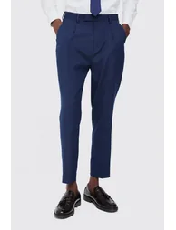 Fixed Waist High Rise Tapered Crop Tailored Trousers - navy