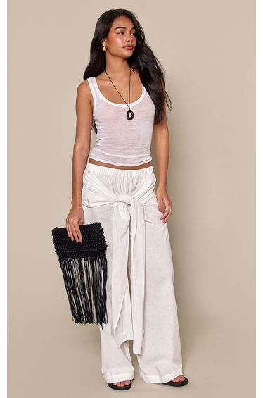 White Cotton Linen Blend Wrap Detail Straight Leg Trousers