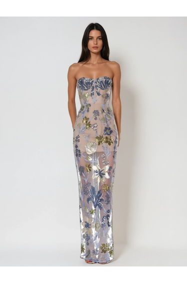 Nakoa Strapless Sequin Embroidered Maxi Dress In Blue