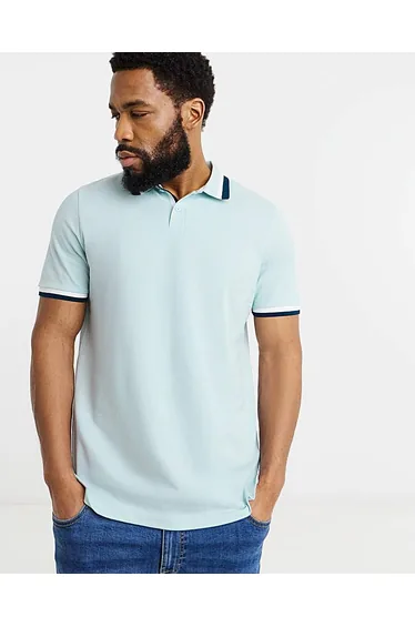 Tipped Pique Polo Shirt Long- Blue
