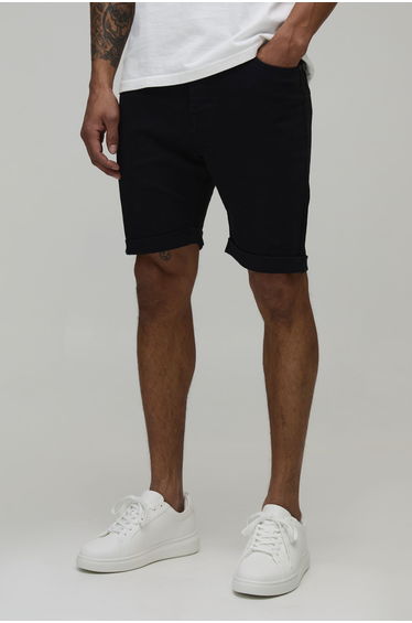 Basic Skinny Stretch Fit Denim Shorts - black
