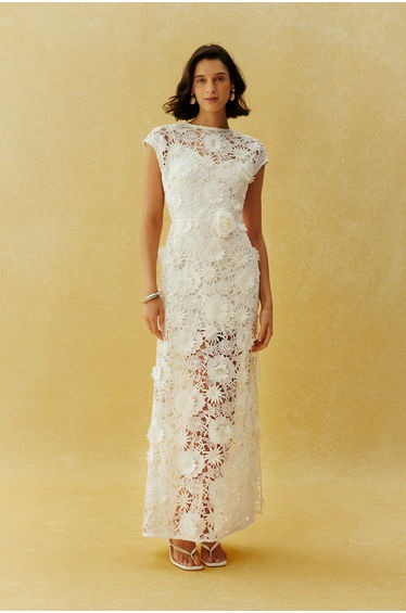 White Floral Lace Cap Sleeve Maxi Dress