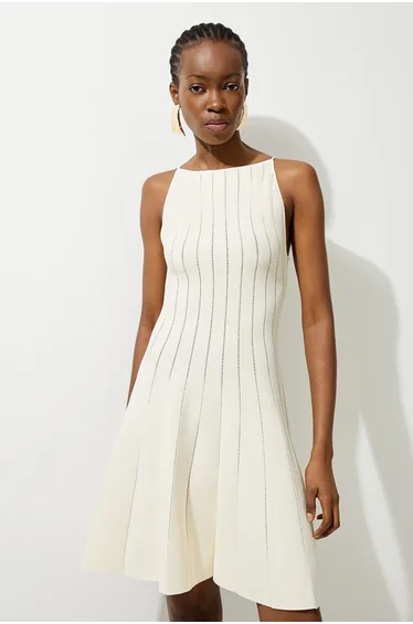 Viscose Blend Sheer Detail Knit Flippy Mini Dress