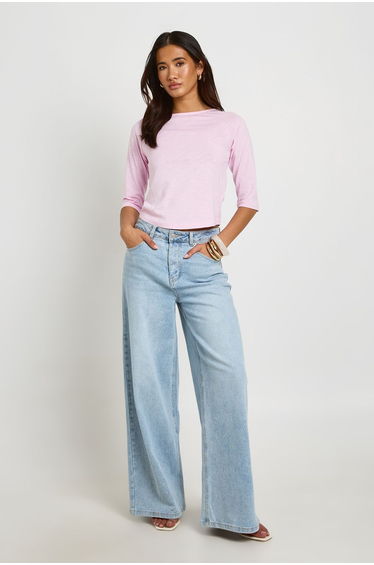 Slub 3/4 Sleeve Curved Hem Top - baby pink