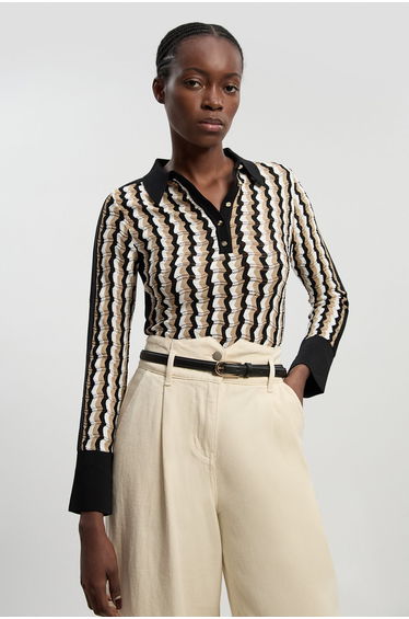 Knit Pointelle Contrast Collared Top