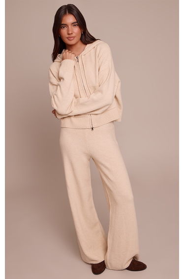 Beige Zip Through Knitted Hoodie