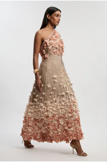 Floral Applique One Shoulder Woven Maxi Dress