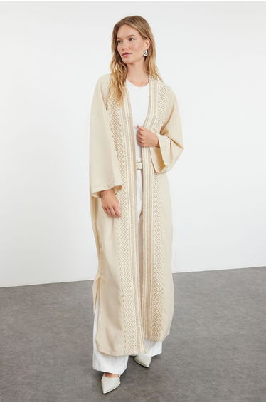 Beige Linen Look Woven Cap & Abaya with Embroidery Detail
