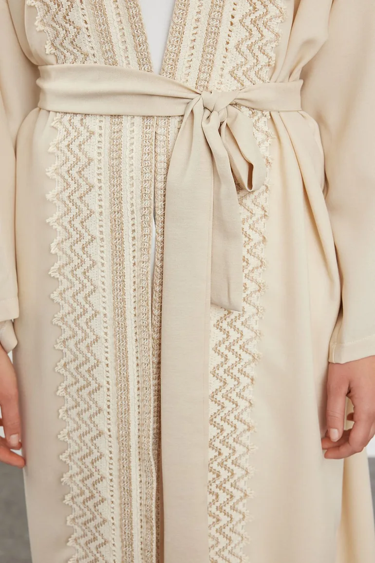 عباية بتطريز بمظهر كتان - بيج - 2
