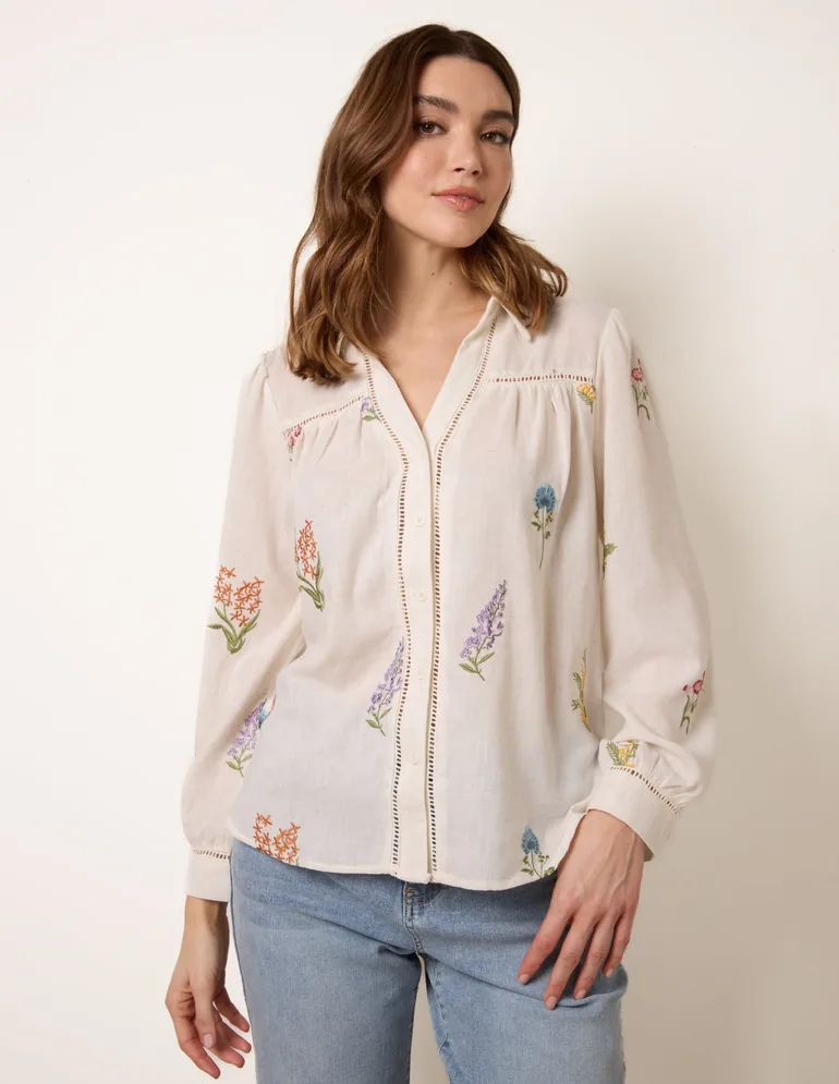 Long Sleeve Embroidered Button Front Blouse - 1