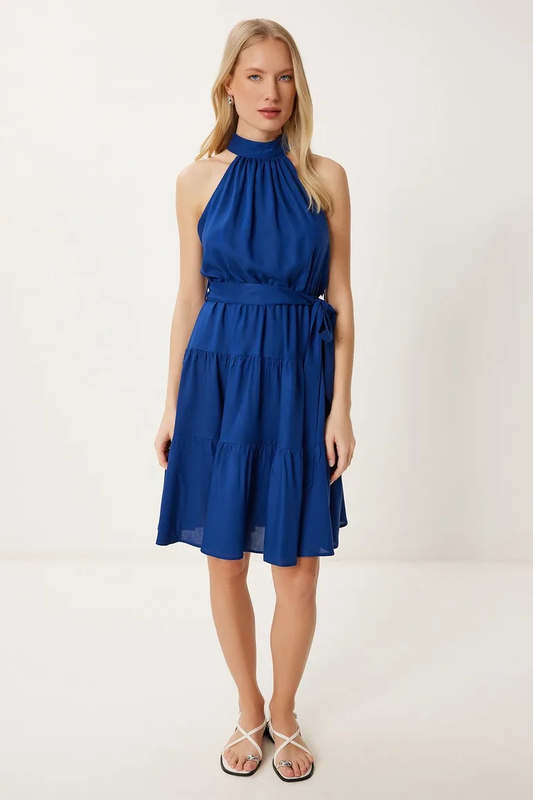 Women's Cobalt Blue Halter Neck Flounce Viscose Dress Happiness Stanbul :  Party Dresses : VogaCloset Oman